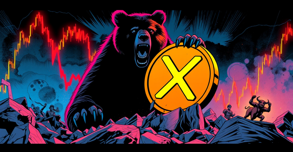 XRP价格暴跌的复古漫画风格插图，显示XRP符号在熊市压力下破裂