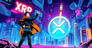 复古漫画风格封面展示XRP币价格飙升，交易员指向未来上涨趋势
