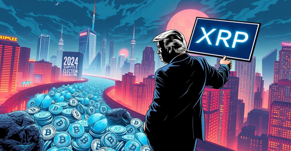 复古漫画风格封面展示XRP交易量激增，背景为特朗普连任和未来城市景观