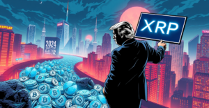 复古漫画风格封面展示XRP交易量激增，背景为特朗普连任和未来城市景观