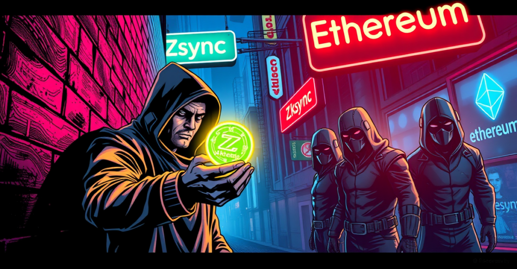 一名黑客在阴暗的巷子中向ZKsync安全委员会归还数字代币的复古漫画场景