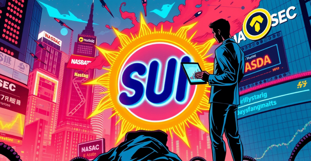 复古漫画风格封面展示SUI ETF的未来投资潜力，背景为霓虹城市和区块链元素