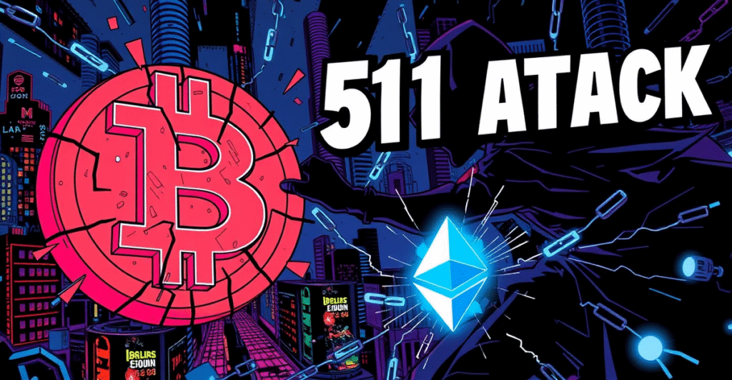 复古漫画风格插图展示比特币与以太坊面对51%攻击的不同防御能力