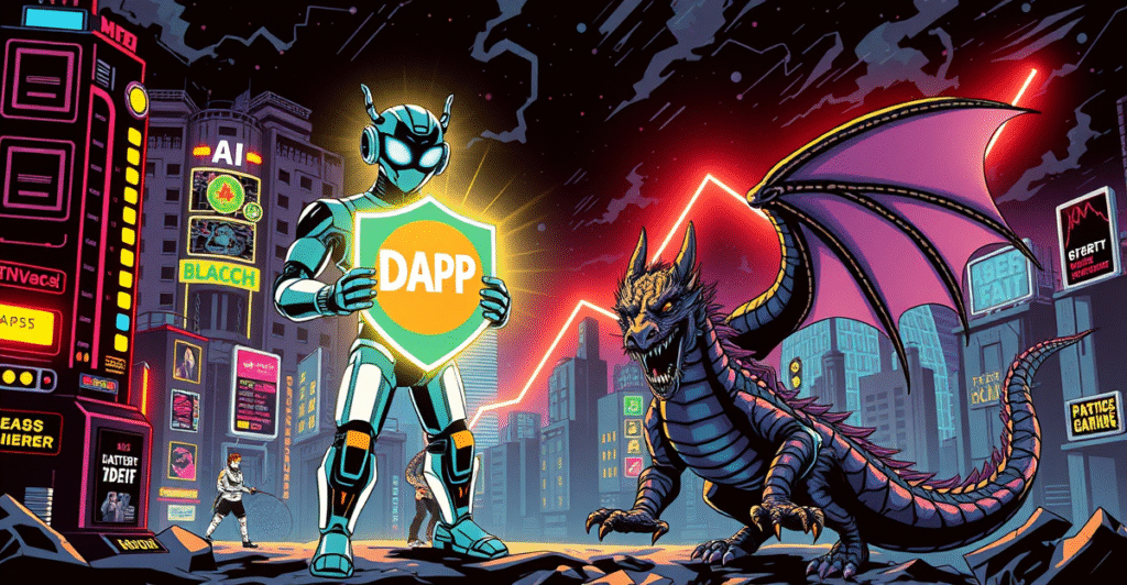 复古漫画风格封面展示AI去中心化应用战胜传统游戏和DeFi，背景是上涨的用户活动图表
