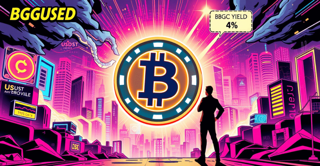 BGUSD收益型稳定资产在复古漫画风格封面中展现,象征4%年收益率和每日计息的优势