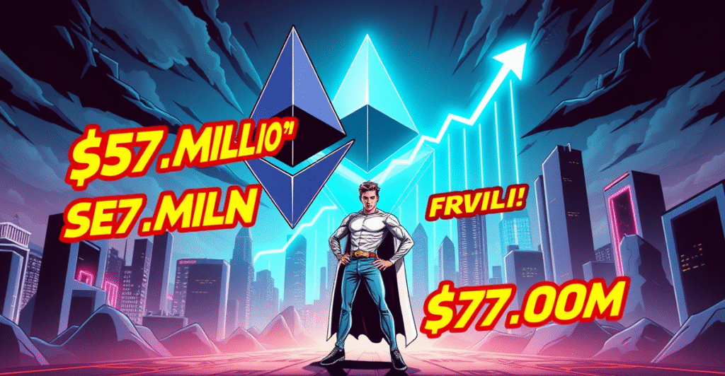 BTCS宣布5780万美元以太坊投资，复古漫画风格封面展示英雄人物站在巨大的以太坊符号前