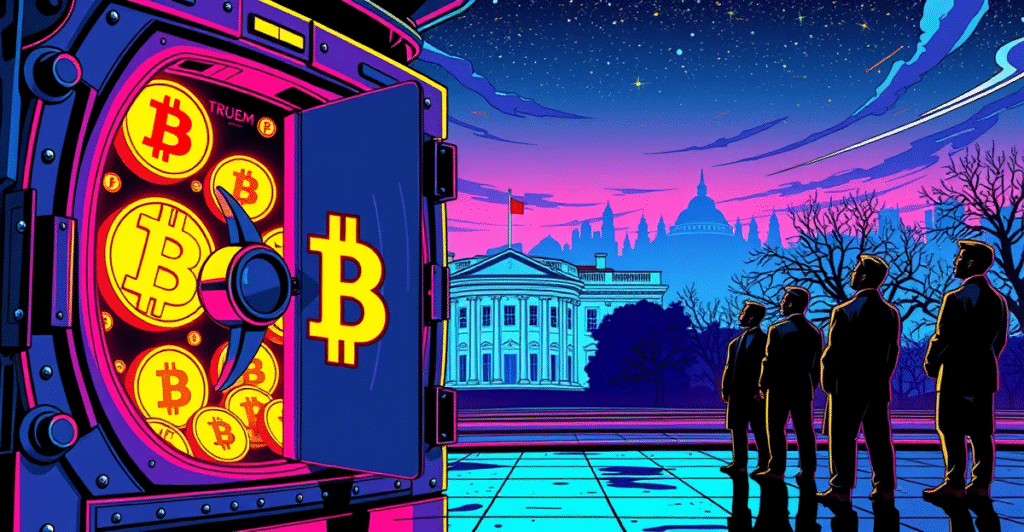 复古漫画风格插画展示GDC加密货币国库储备，背景为白宫和霓虹天际线