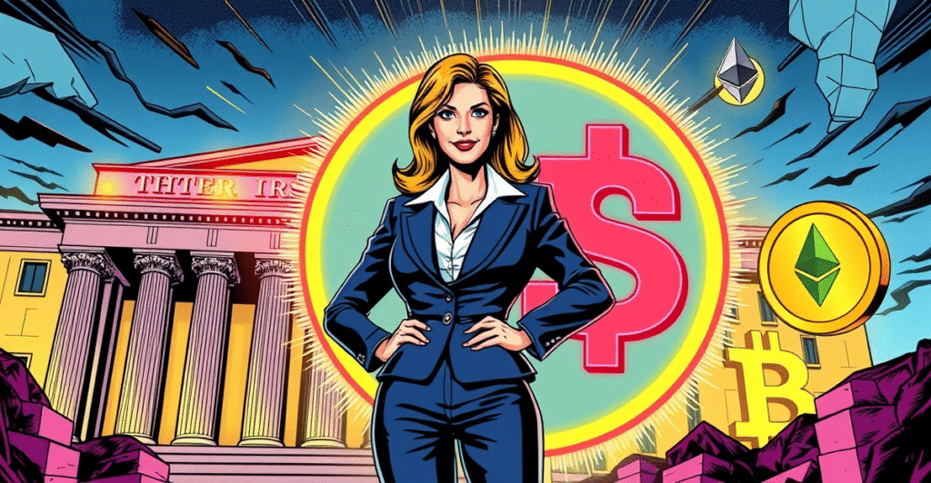 资深IRS官员Trish Turner站在数字资产标志前，背景是IRS大楼和加密货币图标