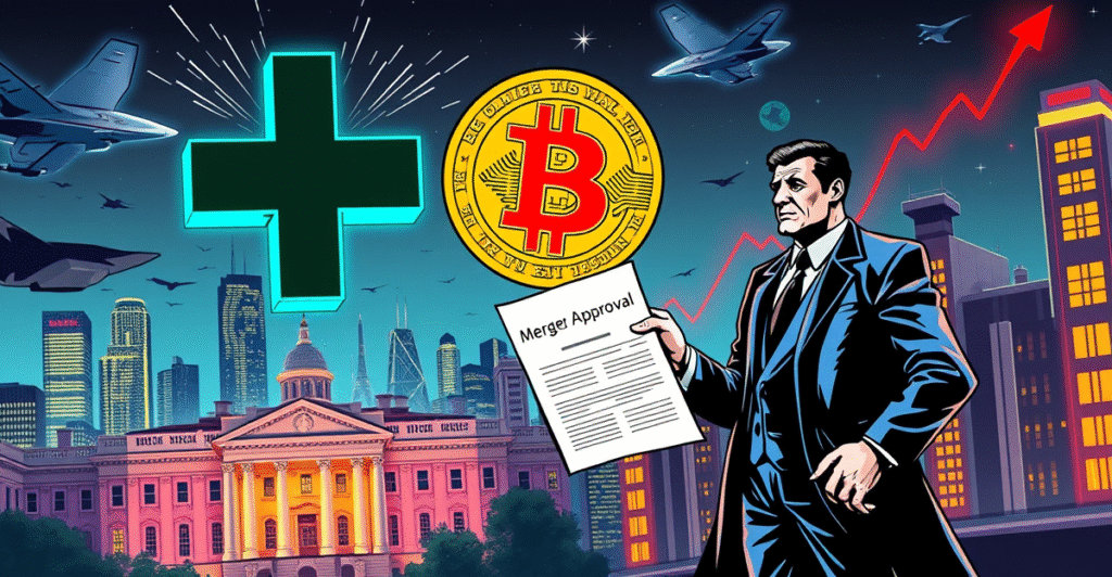 复古漫画风格封面,展示KindlyMD与Nakamoto Holdings的合并,背景是比特币市场上涨趋势