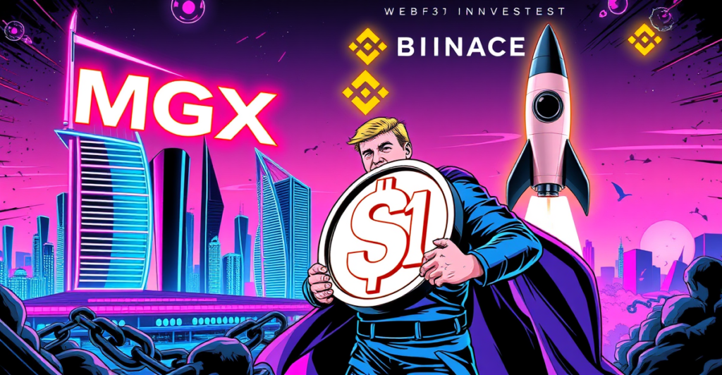 复古漫画风格封面展示MGX使用特朗普关联稳定币USD1投资币安20亿美元，背景为未来主义阿布扎比天际线