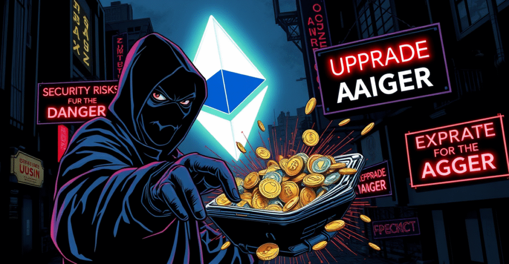 复古漫画风格插图展示黑客攻击以太坊钱包的场景，象征Pectra升级的安全风险