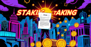 SEC加密货币质押指南的复古漫画封面，展示了一个象征性的场景，包括区块链网络、加密货币和监管文件。