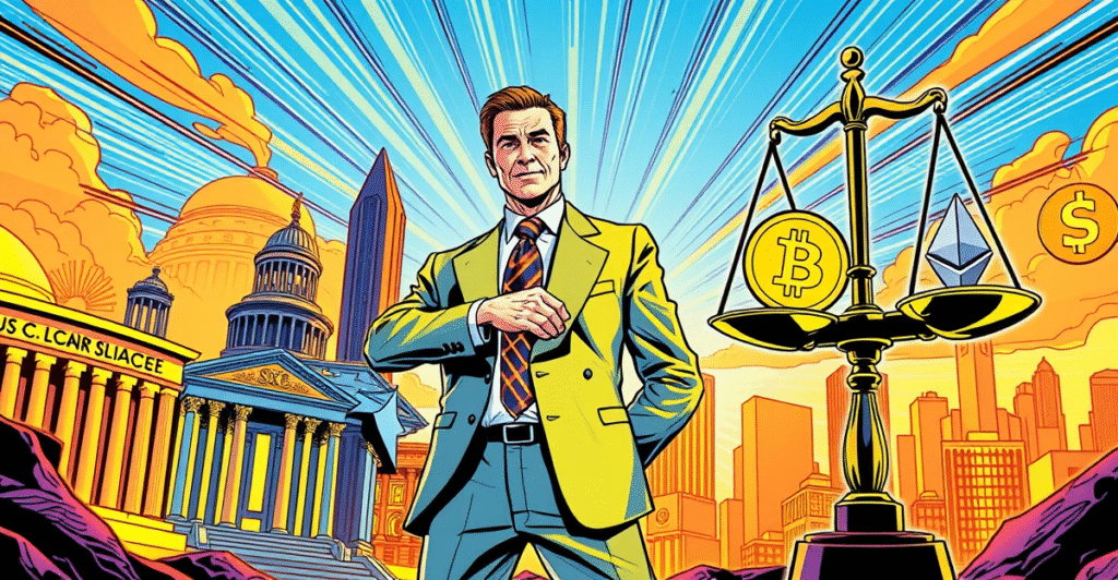 SEC主席保罗·阿特金斯站在象征加密货币监管的未来城市前,背景是传统金融与数字货币的平衡