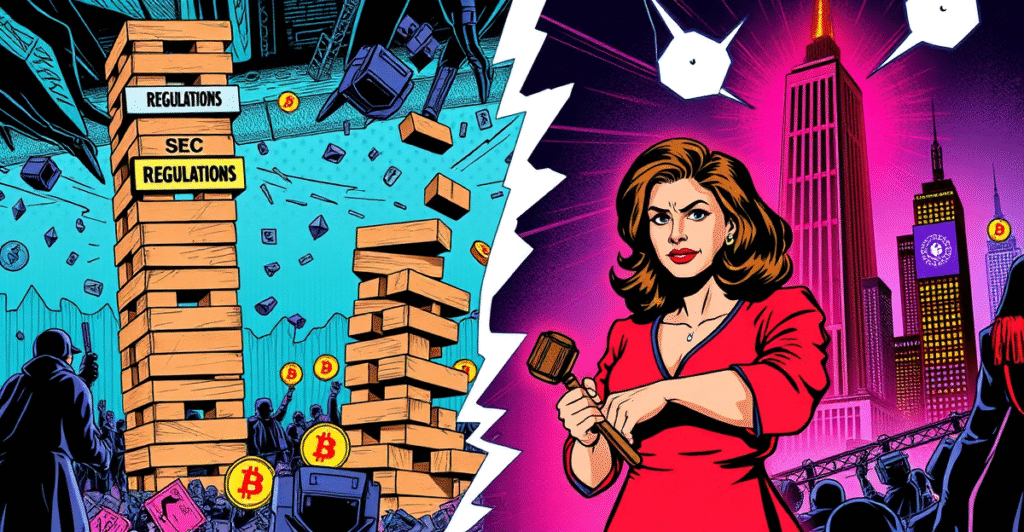 SEC委员Caroline Crenshaw站在倒下的监管积木塔前，警示加密货币监管风险