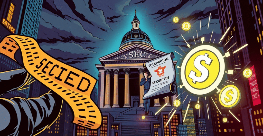 复古漫画风格封面展示传统证券与代币化证券的象征性对决，背景为SEC大楼，突出Hester Peirce提出的豁免令。