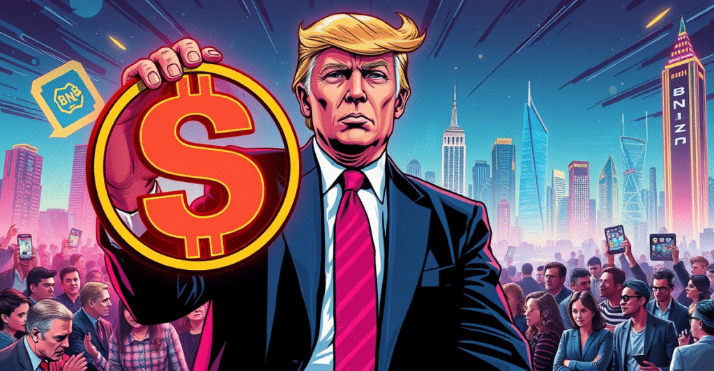 唐纳德·特朗普手持巨大的USD1稳定币符号，背景是全球金融未来城市景观，象征USD1的快速崛起。