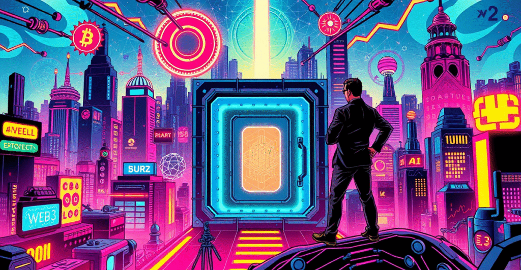 复古漫画风格封面展示Avalanche区块链网络作为未来城市景观，中心是VanEck PurposeBuilt基金的发光保险库，周围环绕着Web3项目的抽象表现。