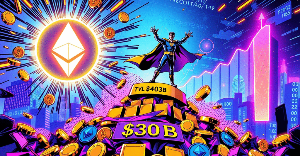 Aave TVL突破403亿美元,DeFi借贷协议创历史新高的复古漫画风格封面