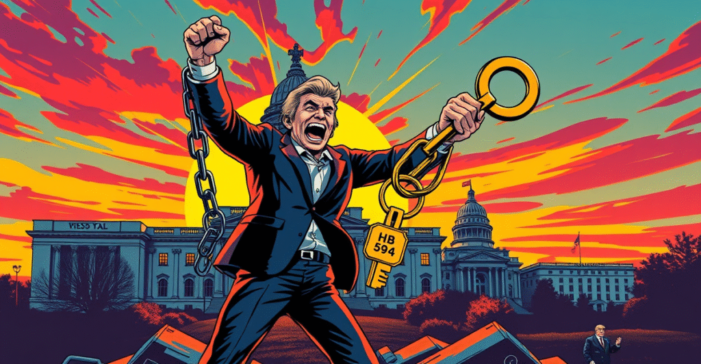 象征性描绘密苏里州取消资本利得税，投资者挣脱税收枷锁，背景为州议会大厦和上涨的股市图