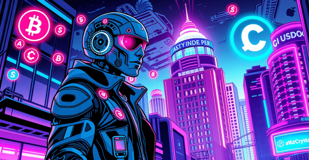 赛博朋克风格的AI原生金融机构，背景是霓虹灯照亮的未来城市和数字货币符号