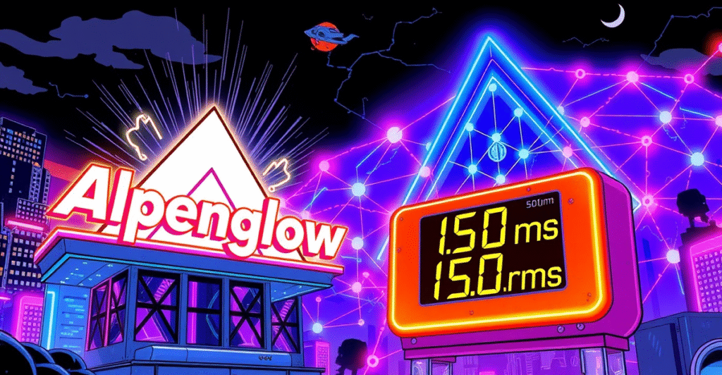 复古漫画风格封面展示Solana区块链的Alpenglow共识机制，背景为未来城市景观，突出其速度和创新。