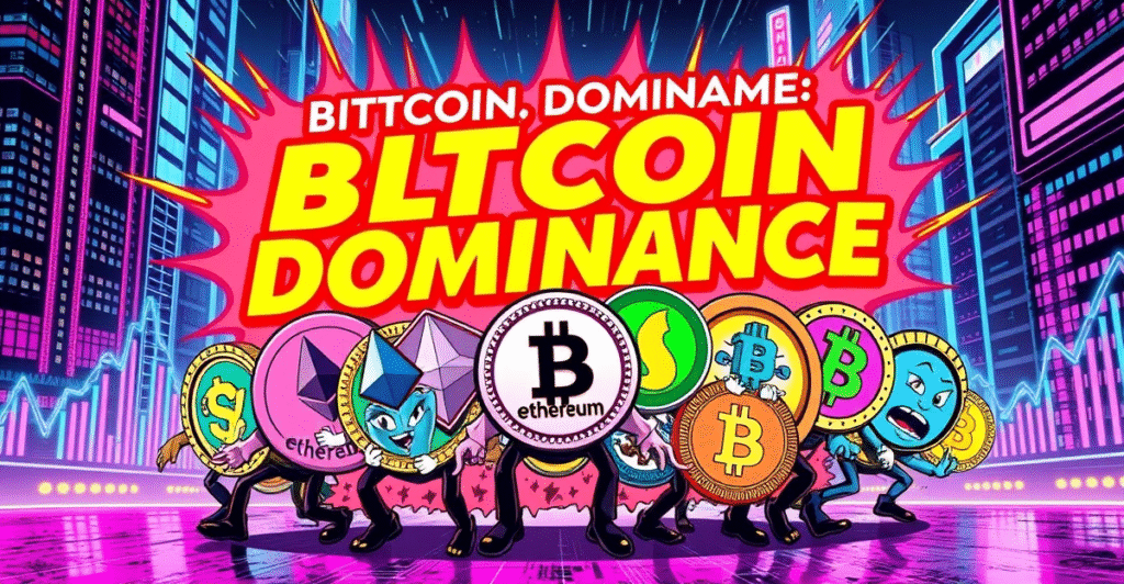 复古漫画风格的山寨币突破比特币主导地位，背景是霓虹灯城市和上涨趋势图