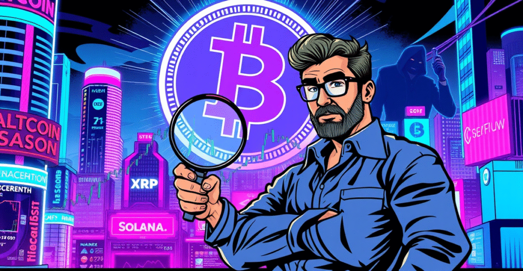 加密货币交易员Michaël van de Poppe站在霓虹城市景观前，背景是上涨的山寨币趋势图