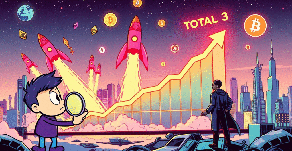 复古漫画风格的山寨币爆炸性增长场景，展示TOTAL3指数上升趋势