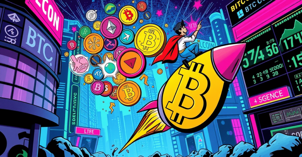 复古漫画风格插图展示山寨币超越比特币，象征山寨季的到来