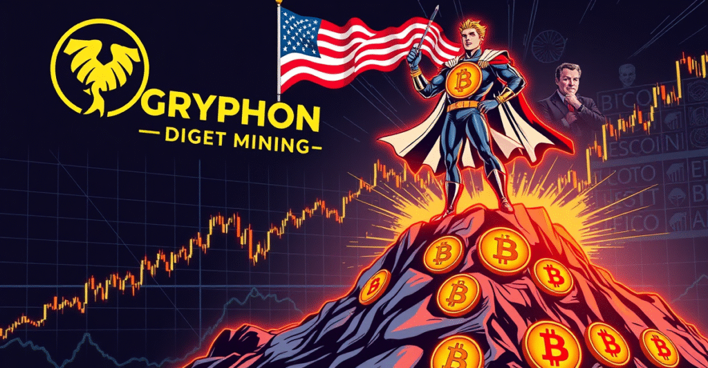 复古漫画风格封面展示American Bitcoin与Gryphon Digital Mining合并上市,背景是股市上涨图和埃里克·特朗普的形象