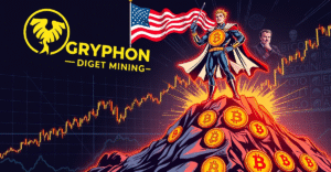 复古漫画风格封面展示American Bitcoin与Gryphon Digital Mining合并上市，背景是股市上涨图和埃里克·特朗普的形象