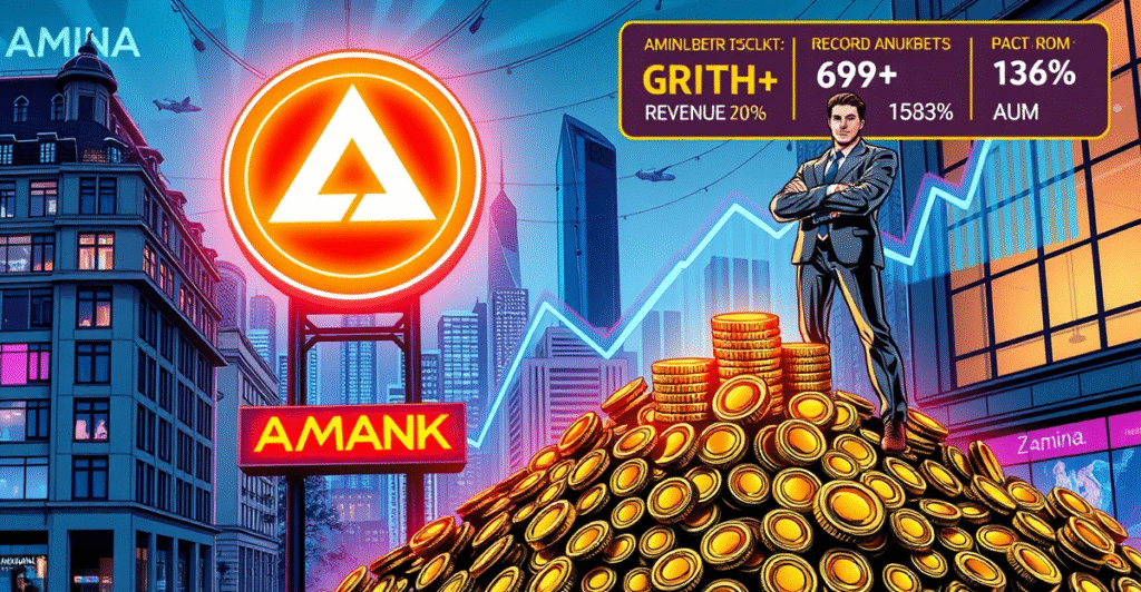 复古漫画风格插画展示Amina Bank在苏黎世的辉煌成就，CEO站在加密货币和金币上，背景是上升的财务图表。