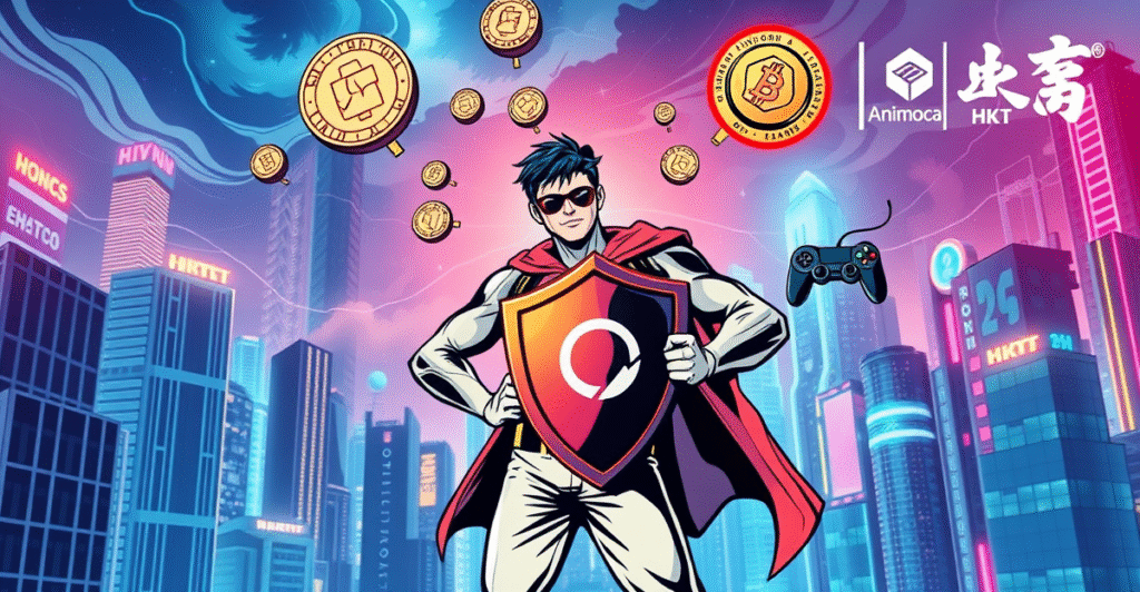 Animoca Brands站在未来城市前，手持标志盾牌，背景是数字代币和游戏控制器，象征其在AI、区块链和游戏领域的投资趋势。