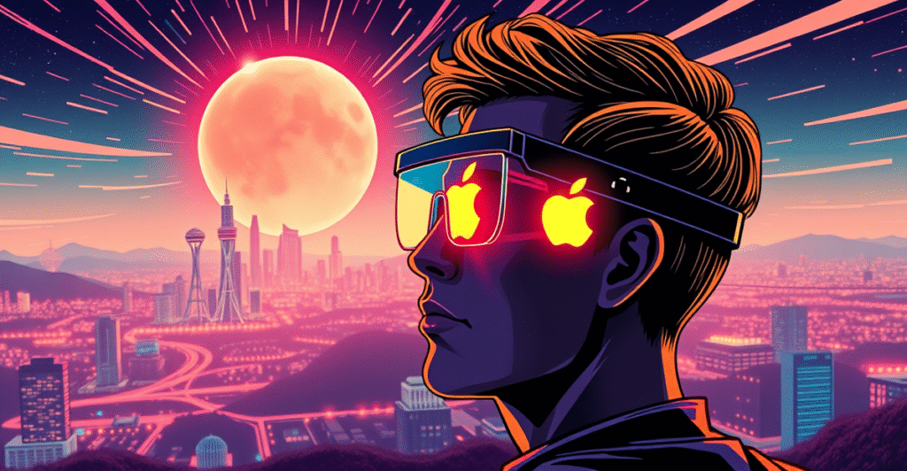 复古漫画风格的高科技智能眼镜，展示苹果微芯片开发的未来革命