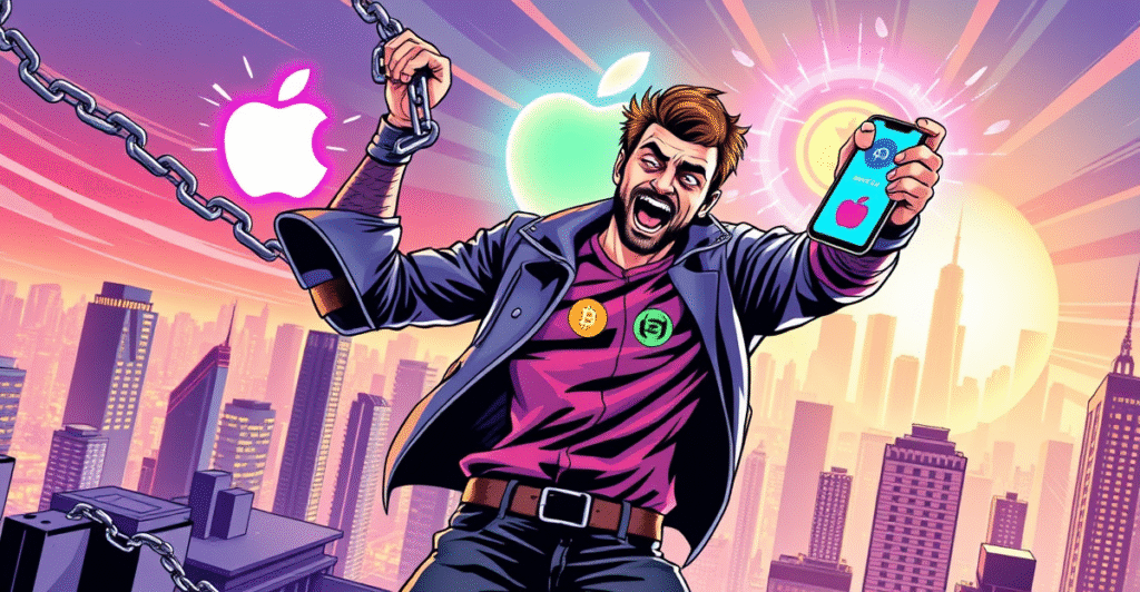 加密开发者突破苹果支付限制,背景是象征行业增长的未来城市景观