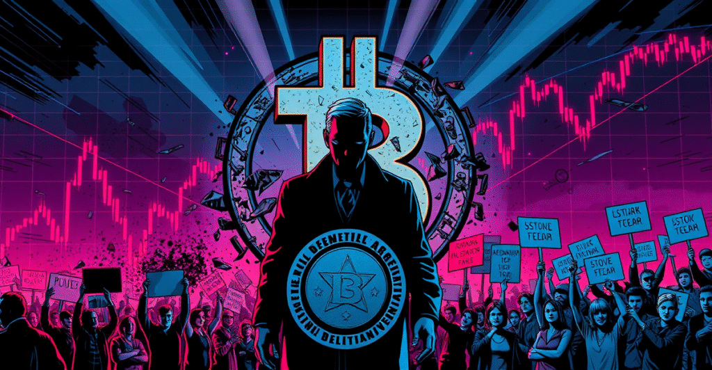 阿根廷总统站在崩溃的LIBRA加密货币标志前,背景是混乱的市场图表和抗议人群