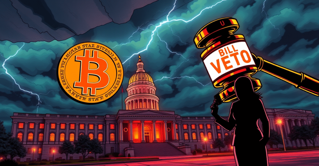 复古漫画风格插图展示亚利桑那州比特币法案被否决的象征性场景,比特币标志与否决印章对峙。