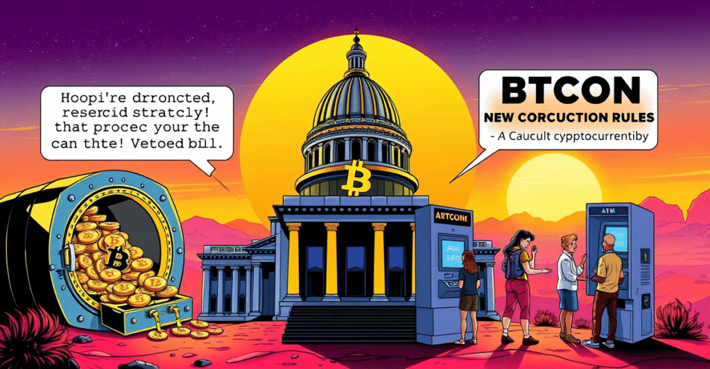 亚利桑那州州议会大厦与比特币符号的复古漫画风格插图，象征加密货币法案的争议与消费者保护措施