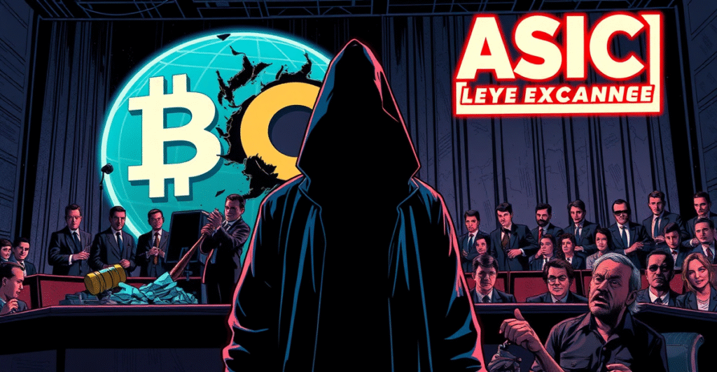 澳大利亚ASIC对区块链全球前董事Liang Allan Guo提起民事诉讼的复古漫画风格插图