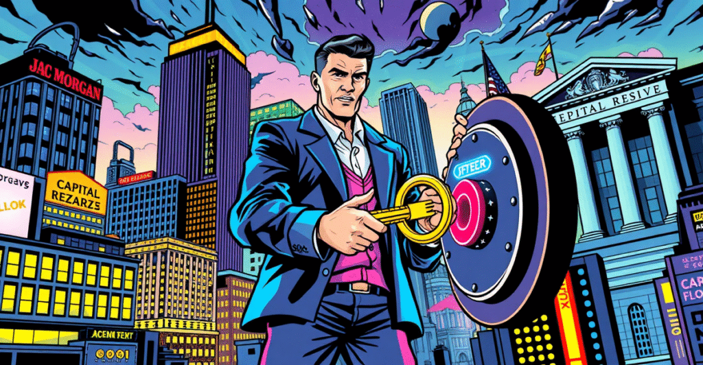 复古漫画风格插图展示资产代币化如何加速资本流动，中心人物象征Sergey Nazarov，背景为数字化金融建筑