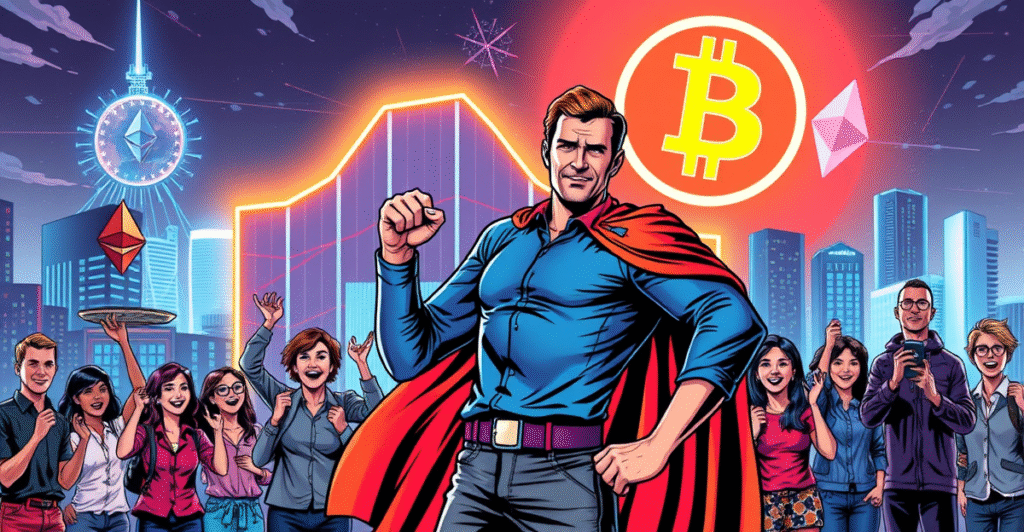 Andrew Charlton作为超级英雄站在未来澳大利亚城市前，背景是霓虹灯加密货币符号，象征澳大利亚加密货币行业的增长。