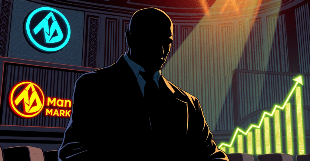 Avraham Eisenberg在法庭上的象征性描绘，背景是Mango Markets的标志和下跌的MNGO代币价值图