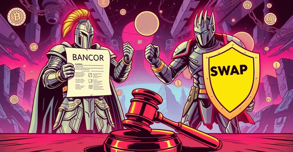 复古漫画风格插图展示Bancor与Uniswap在DeFi领域的法律战，Bancor手持专利文件，Uniswap持盾牌，背景为区块链智能合约。