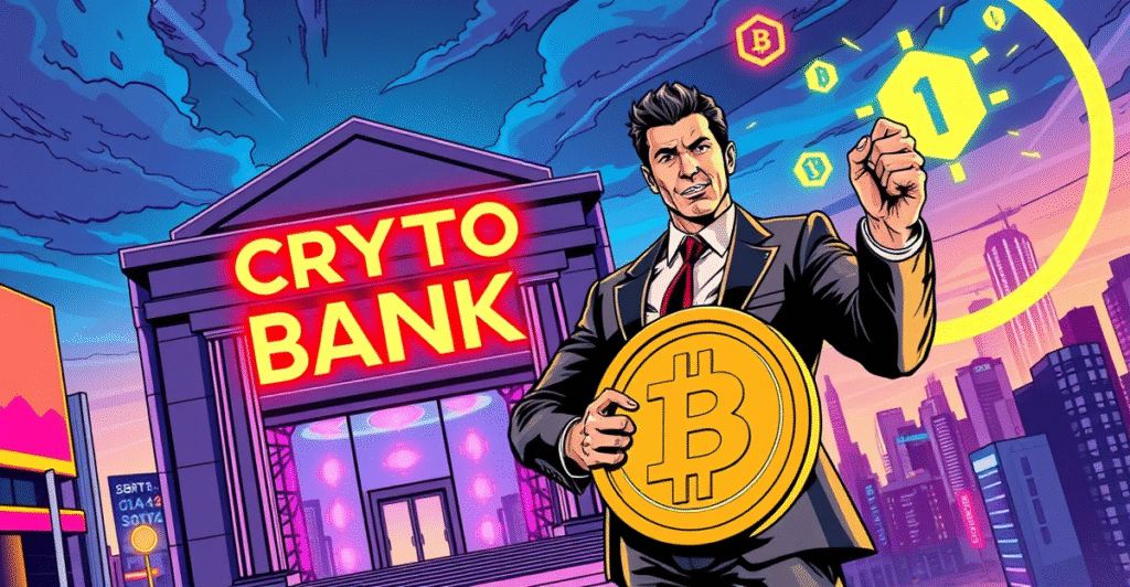 复古漫画风格插画展示未来银行与加密货币交易的融合，背景为数字图表和区块链符号