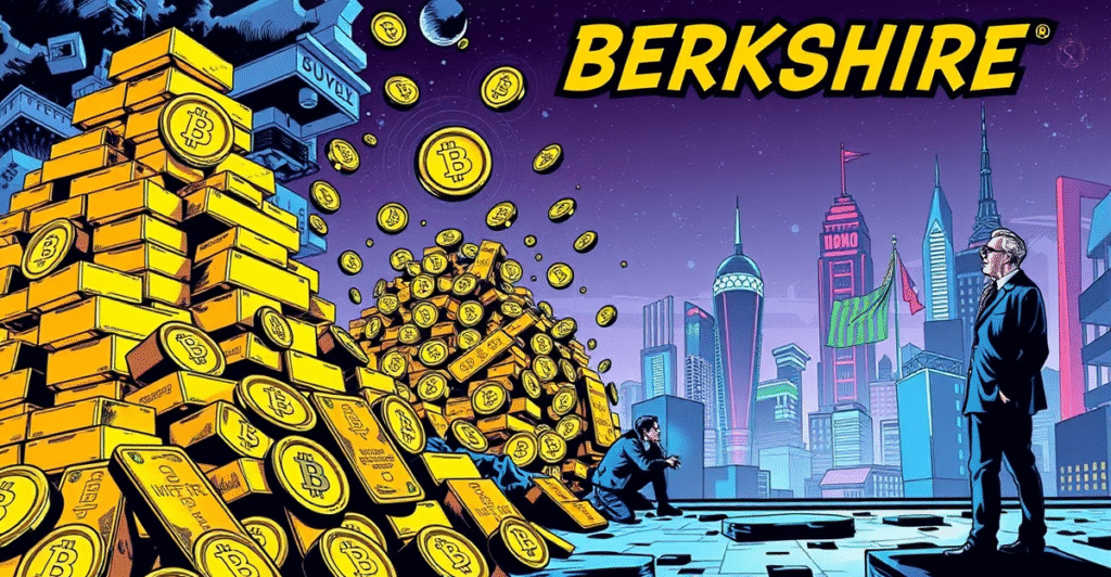 复古漫画风格插图展示伯克希尔哈撒韦的比特币投资潜力,金色与数字货币的对比