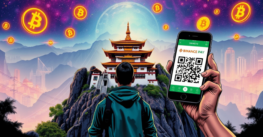 不丹旅行者使用智能手机通过Binance Pay二维码支付，背景为虎穴寺和浮动加密货币符号