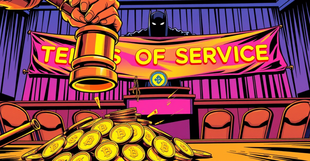 复古漫画风格插图展示法庭场景，法官的法槌落在加密货币硬币上，象征币安集体诉讼仲裁的法律争议