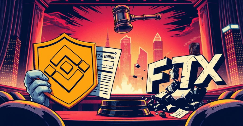 复古漫画风格插图展示Binance与FTX在法庭上的对决,象征17.6亿美元诉讼的法律战