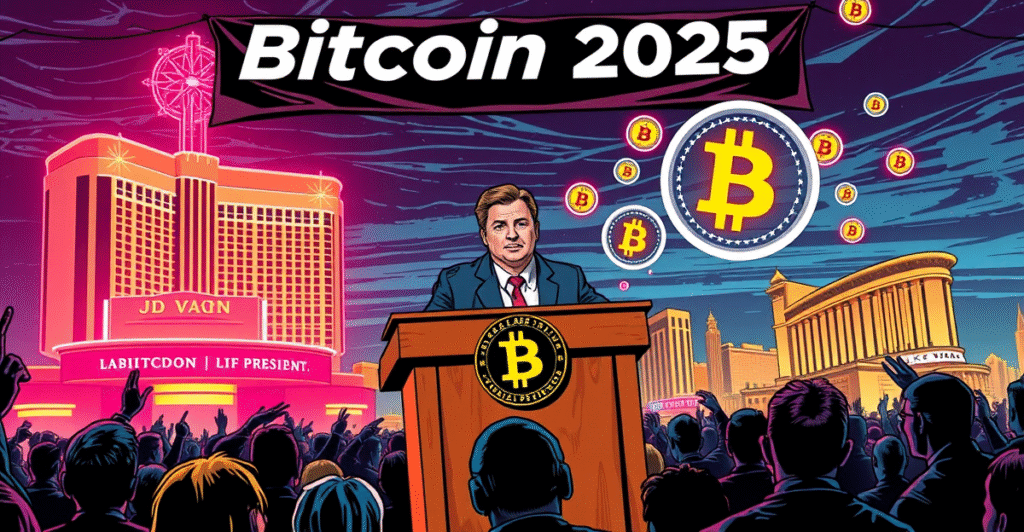 美国副总统JD Vance在Bitcoin 2025大会上发表演讲，背景是比特币标志和拉斯维加斯夜景