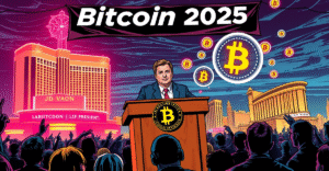 美国副总统JD Vance在Bitcoin 2025大会上发表演讲，背景是比特币标志和拉斯维加斯夜景